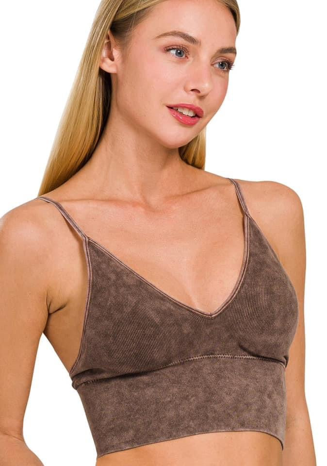 Brown Washed Ribbed Bra Padded Spaghetti Strap Tank