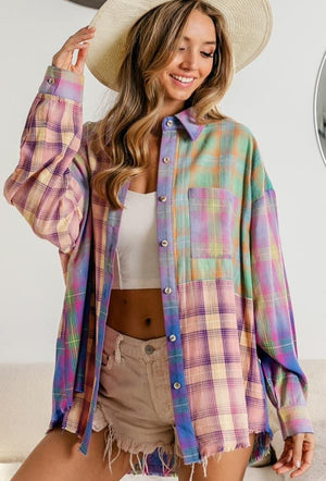 Summer Nights Vintage Plaid Bleached Long Sleeve Top