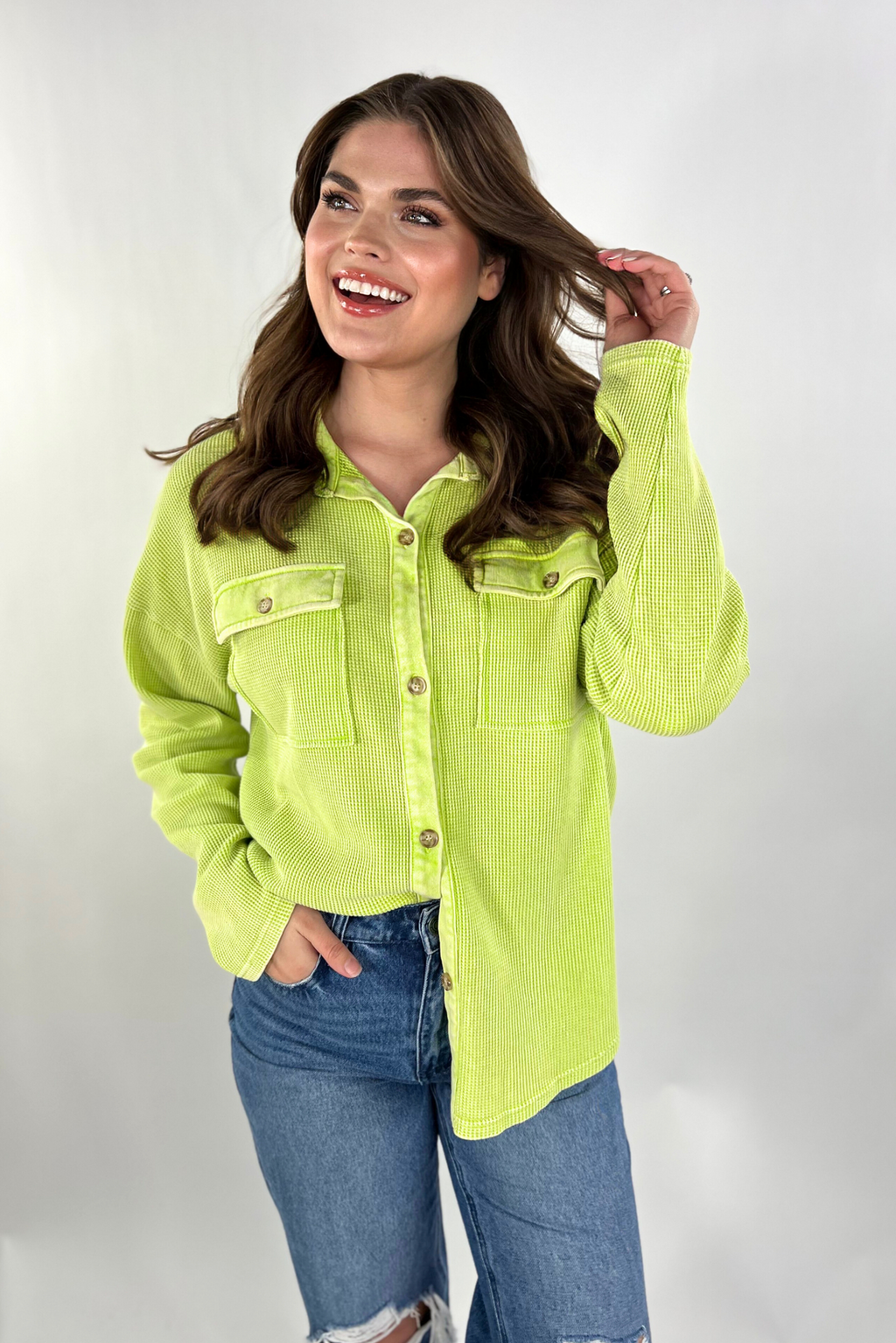 Shelby Lime Waffle Button Up Top