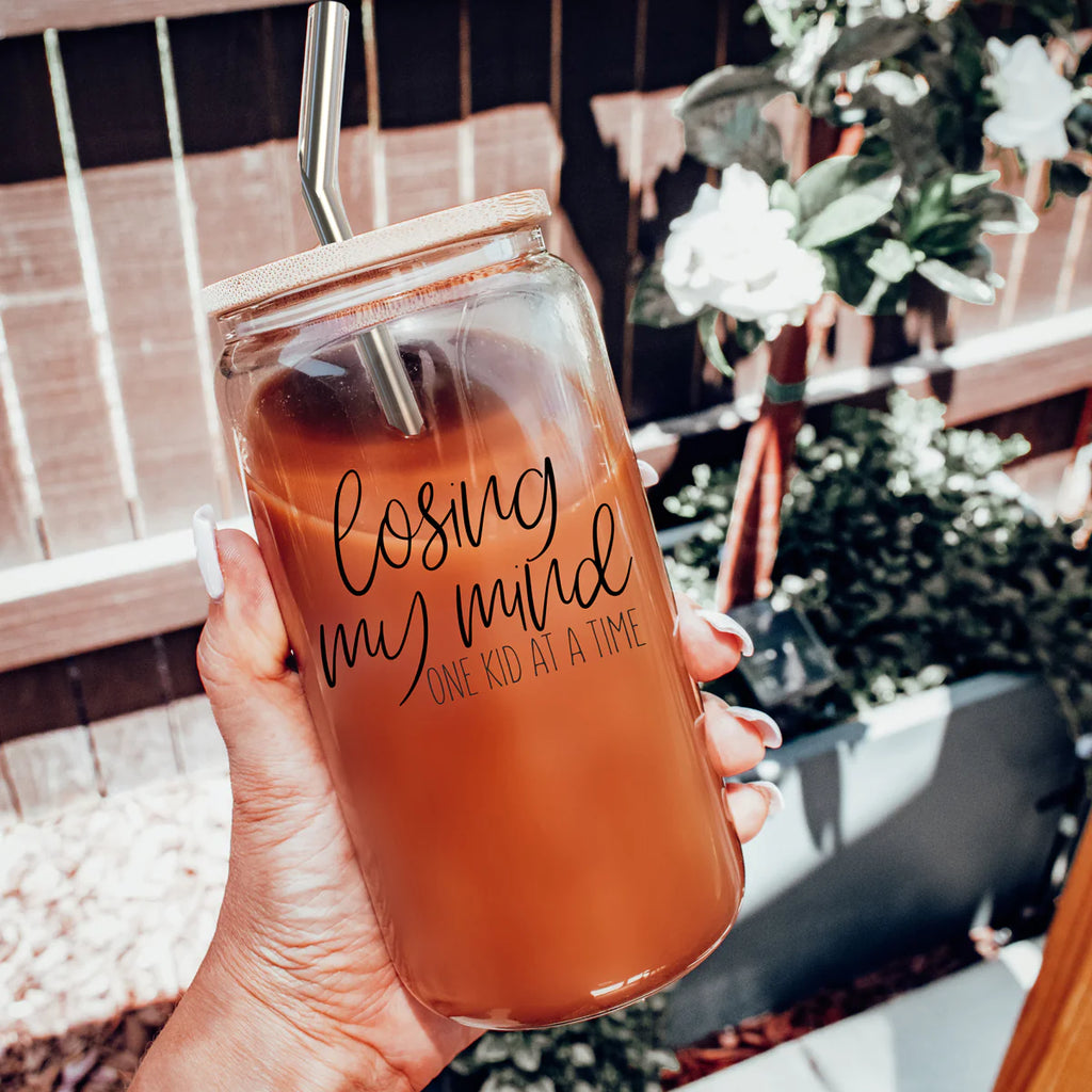 Losing My Mind One Kid At A Time Glass Tumbler Cup With Bamboo Lid