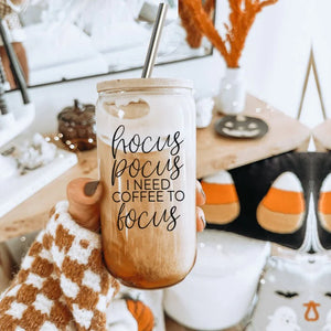 Hocus Pocus I Need Coffee To Focus Glass Tumbler Cup With Bamboo Lid