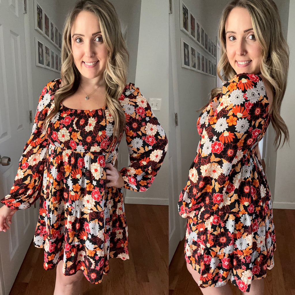 Pumpkin Spice Smocked Long Sleeve Floral Dress