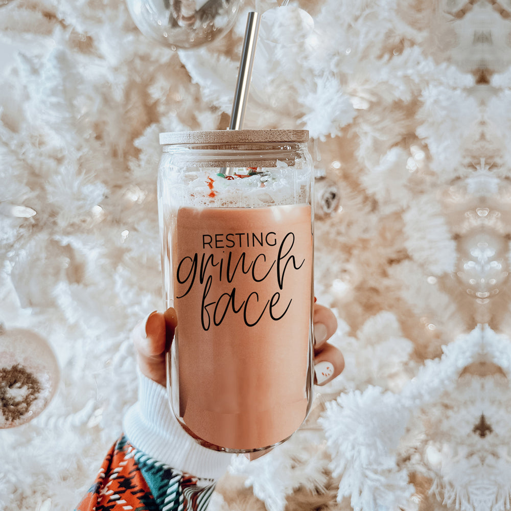 Resting Holiday Face Glass Tumbler Cup With Bamboo Lid