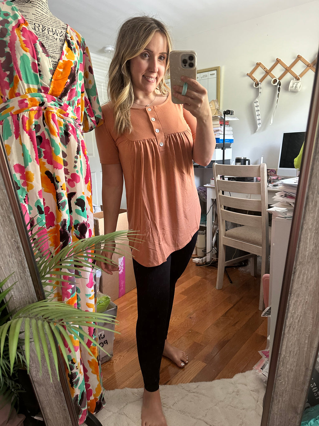 Blissful Mornings Butter Orange Dolphin Hem Shell Button Top