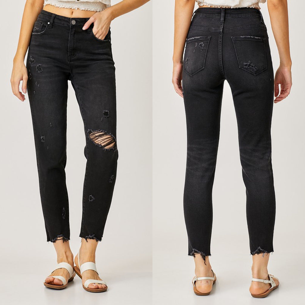 Her Soul To Take Black Risen High Rise Ankle Tapered Distressed Denim Jeans