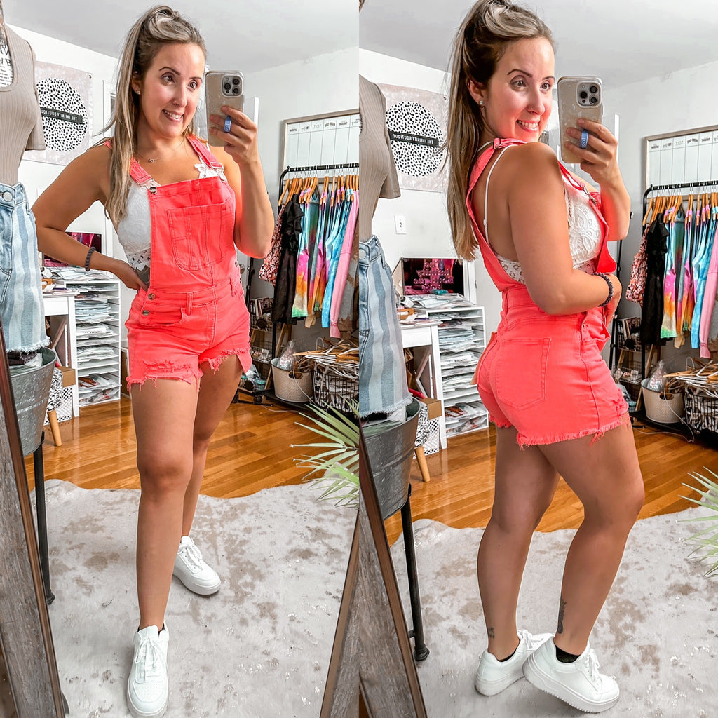 Hype Girl Neon Coral Risen Denim Short Overalls