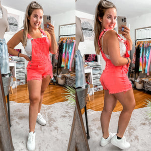 Hype Girl Neon Coral Risen Denim Short Overalls