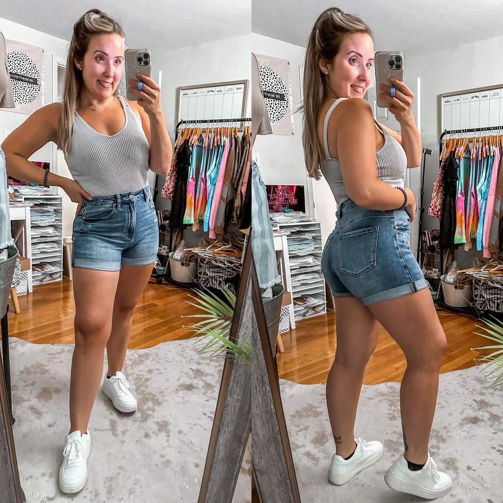 Weekend Warrior High Rise Cuffed Risen Denim Shorts