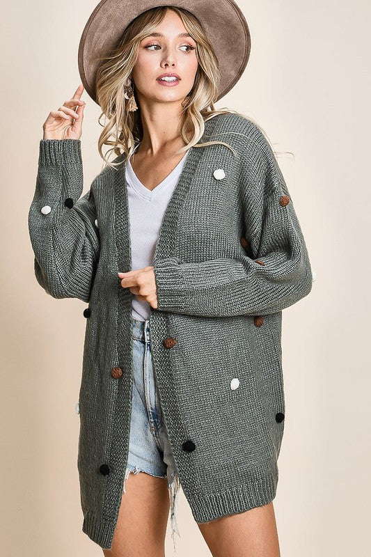Breaking Bridges Dusty Olive Pom Detailed Knit Cardigan