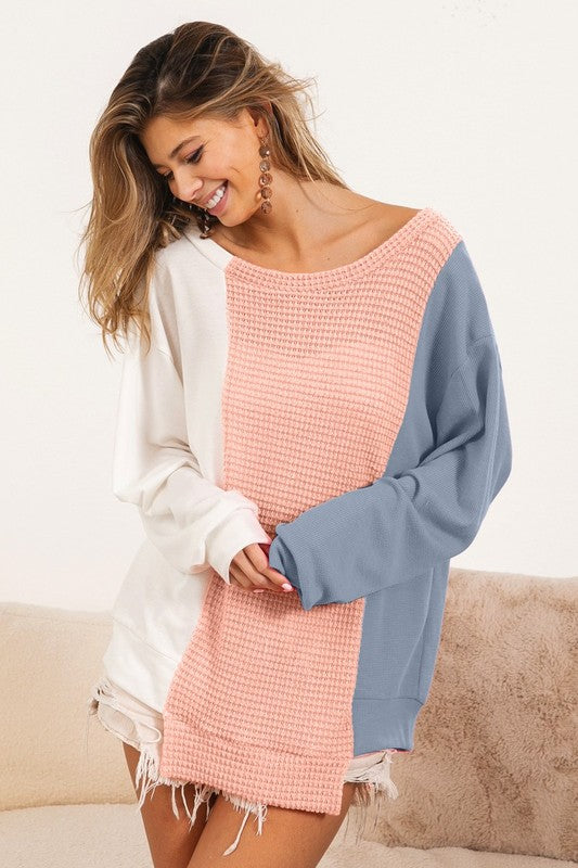 Subtle Dreams Waffle Knit Color Block Long Sleeve