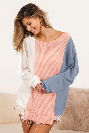 Subtle Dreams Waffle Knit Color Block Long Sleeve