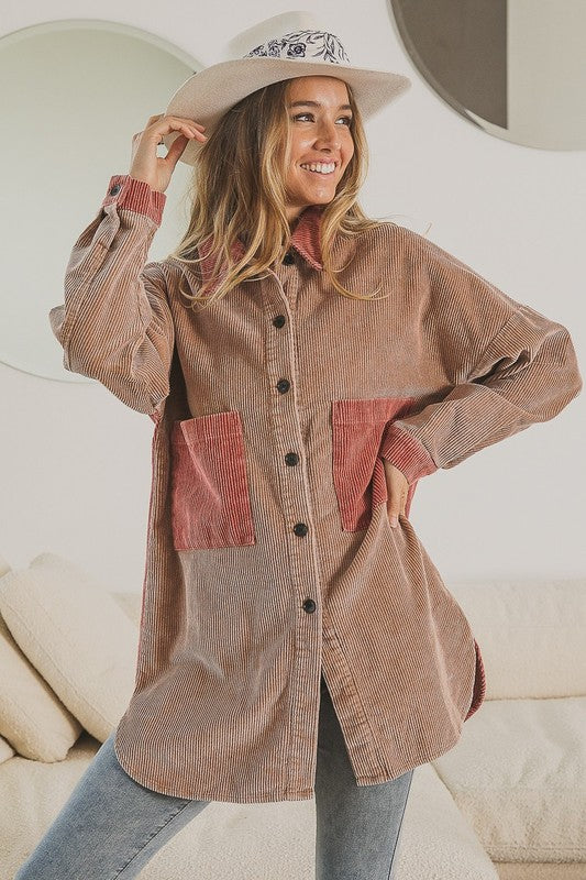 Wine & Dine Corduroy Button Down Color Block Shacket