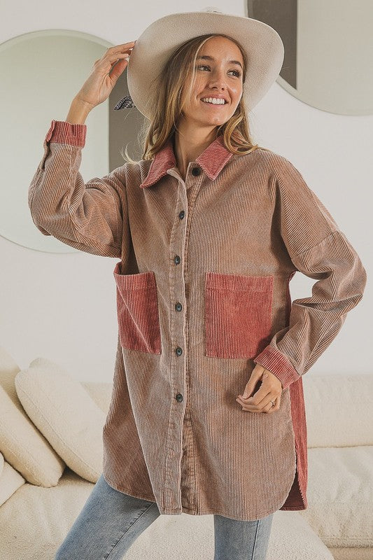 Wine & Dine Corduroy Button Down Color Block Shacket