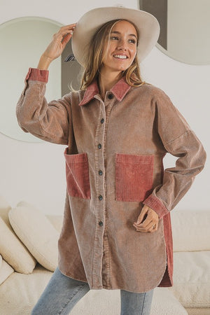 Wine & Dine Corduroy Button Down Color Block Shacket