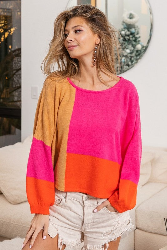Made For More Pink Color Block Long Sleeve Sweater