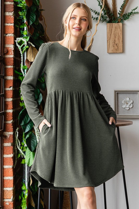 The Vandelia Olive Long Sleeve Ribbed Babydoll Dress
