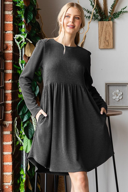 The Vandelia Charcoal Long Sleeve Ribbed Babydoll Dress