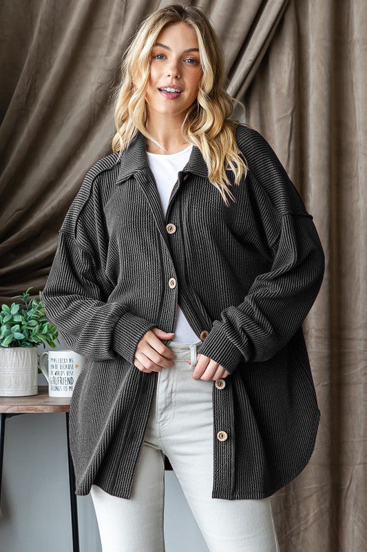 The Foster Charcoal Ribbed Button Down Long Sleeve
