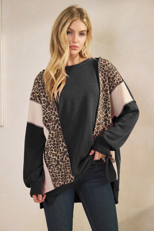 The Moxie Charcoal Leopard Ribbed Long Sleeve