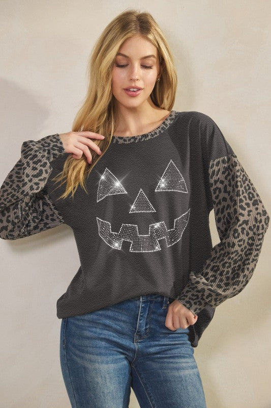 The Hocus Pocus Charcoal Leopard Ribbed Long Sleeve Top