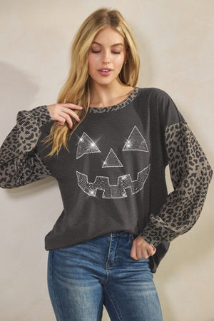 The Hocus Pocus Charcoal Leopard Ribbed Long Sleeve Top