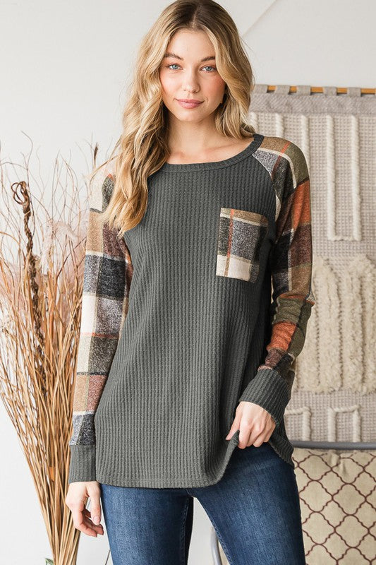 The Eliza Charcoal Waffle Knit Plaid Long Sleeve Top