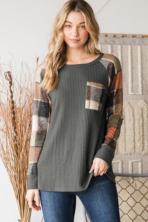 The Eliza Charcoal Waffle Knit Plaid Long Sleeve Top