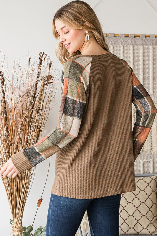 The Eliza Charcoal Waffle Knit Plaid Long Sleeve Top