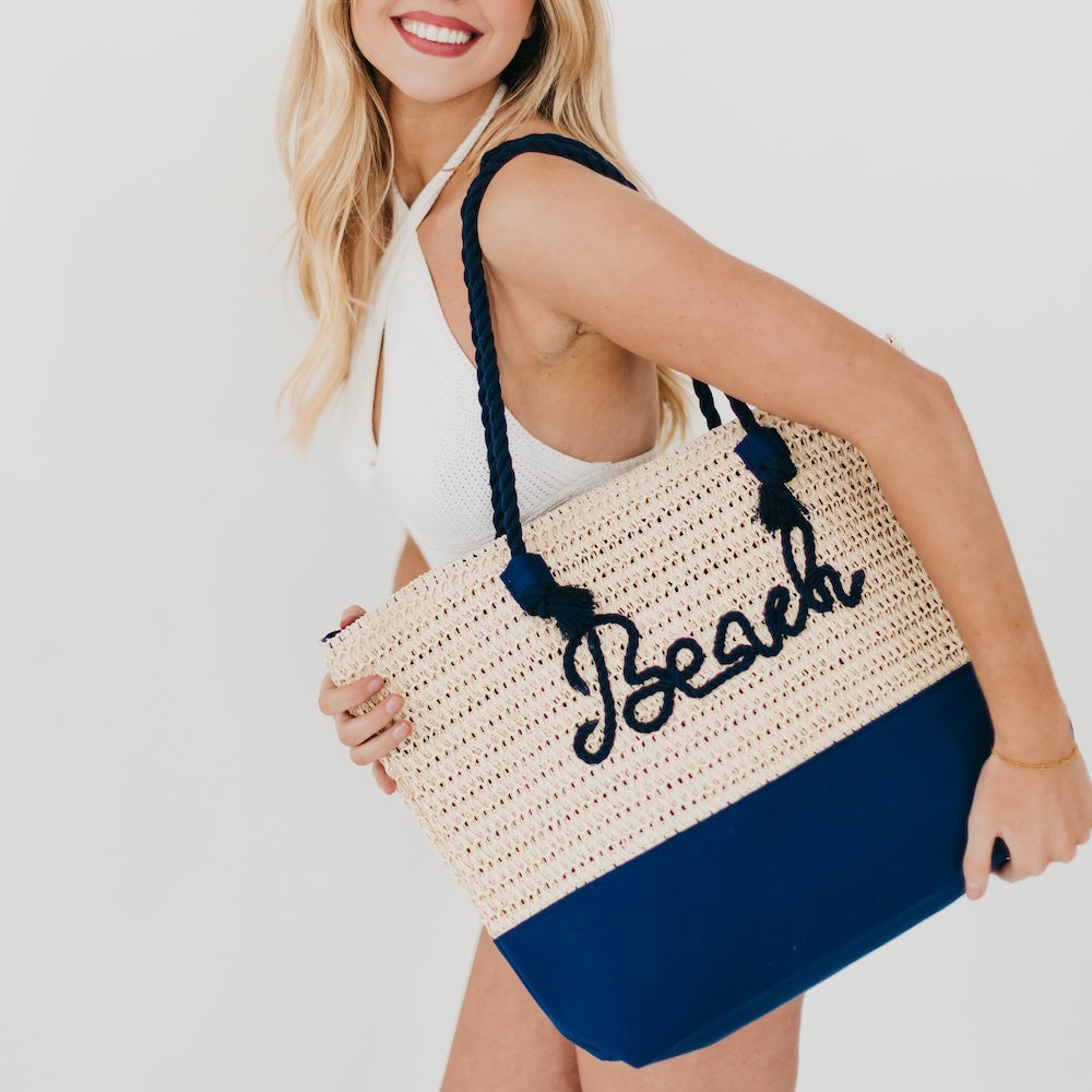 The Navy Beach Bum Raffia Tote Bag