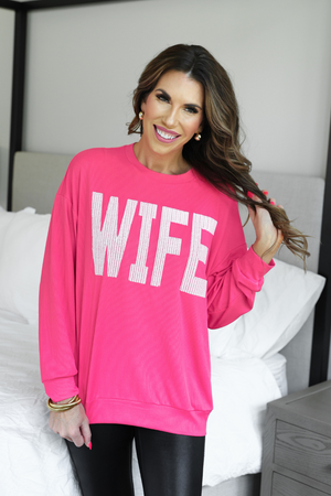 Wife Embroidered Ribbed Pullover