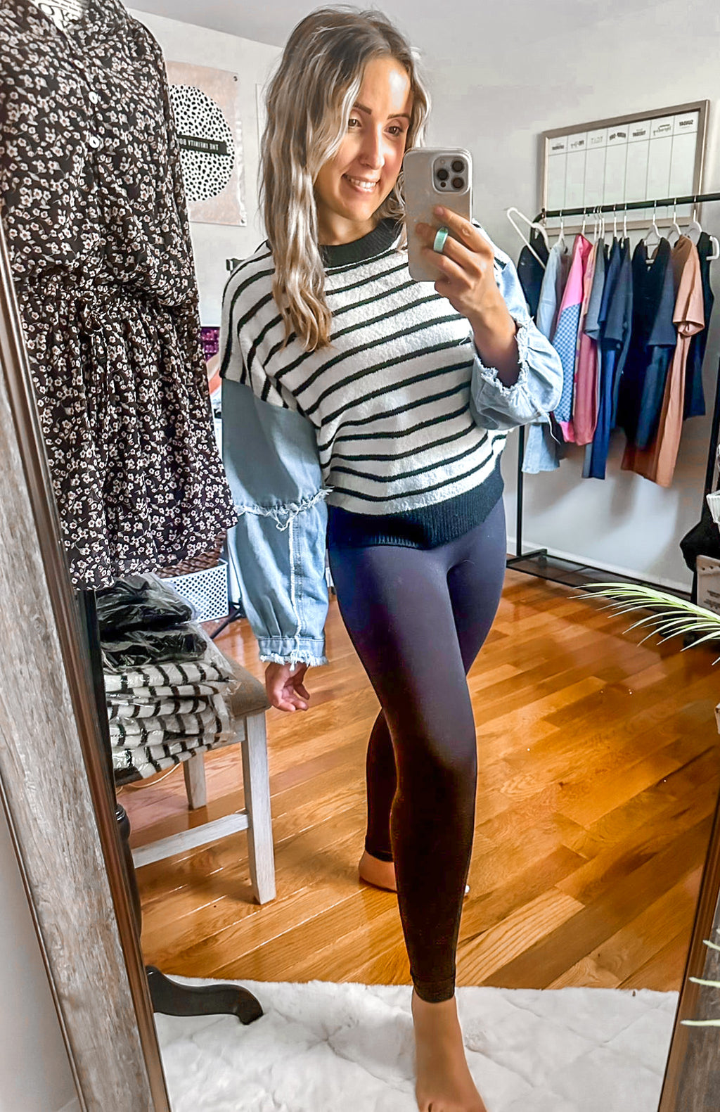 Oh So Chic Washed Denim Sleeve Striped Sweater