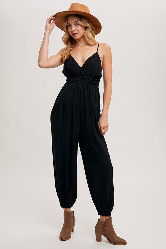 Love Like Her Black Smocked Spaghetti Strap Jumpsuit