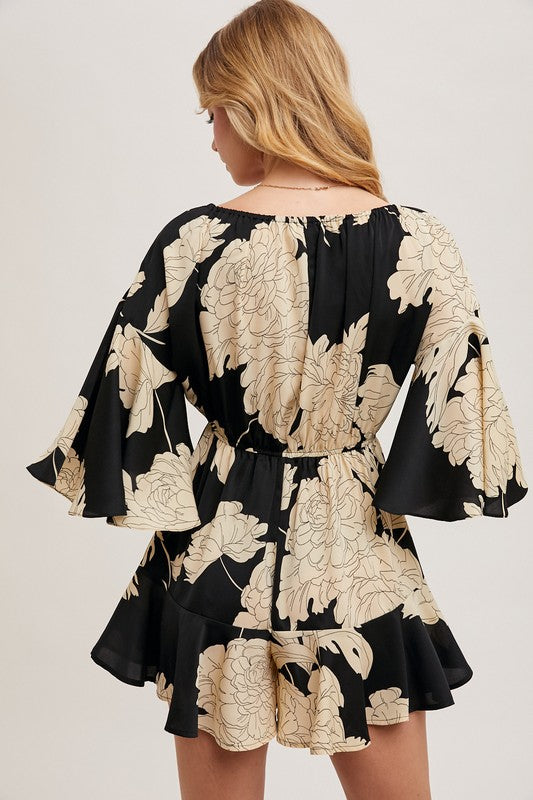 Breaking Hearts Black Floral Bell Sleeve Romper