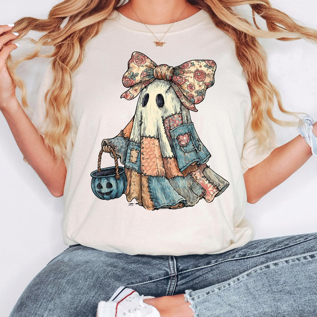 Boho Patchwork Ghostie Tan Unisex Cotton T-Shirt
