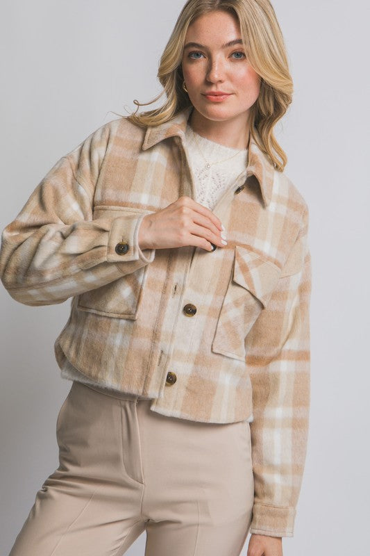 The Made For More Khaki Plaid Button Down Shacket