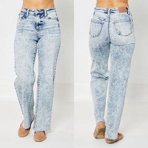 One More Step High Waist Mineral Wash Raw Hem Wide Judy Blue Denim Jeans