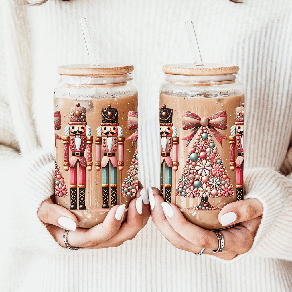 Nutcracker Glam Glass Tumbler Cup With Bamboo Lid
