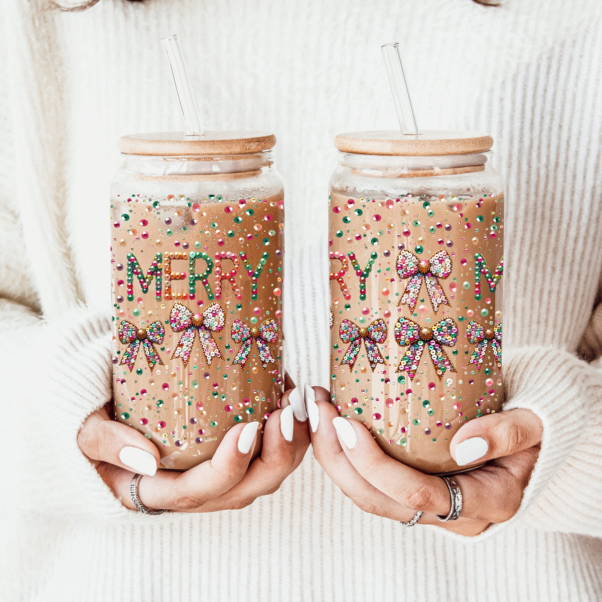 Sequin Merry Glass Tumbler Cup With Bamboo Lid