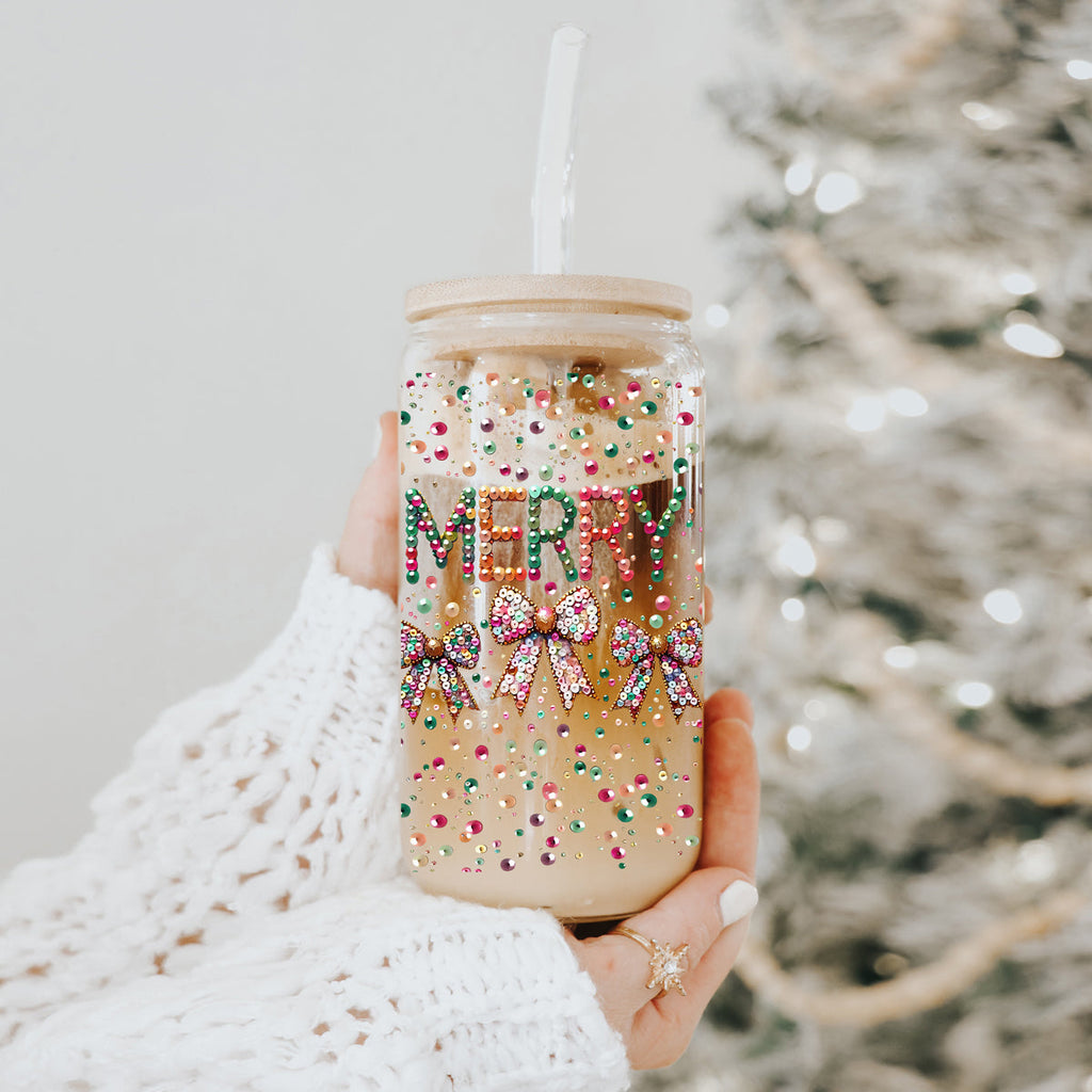 Sequin Merry Glass Tumbler Cup With Bamboo Lid