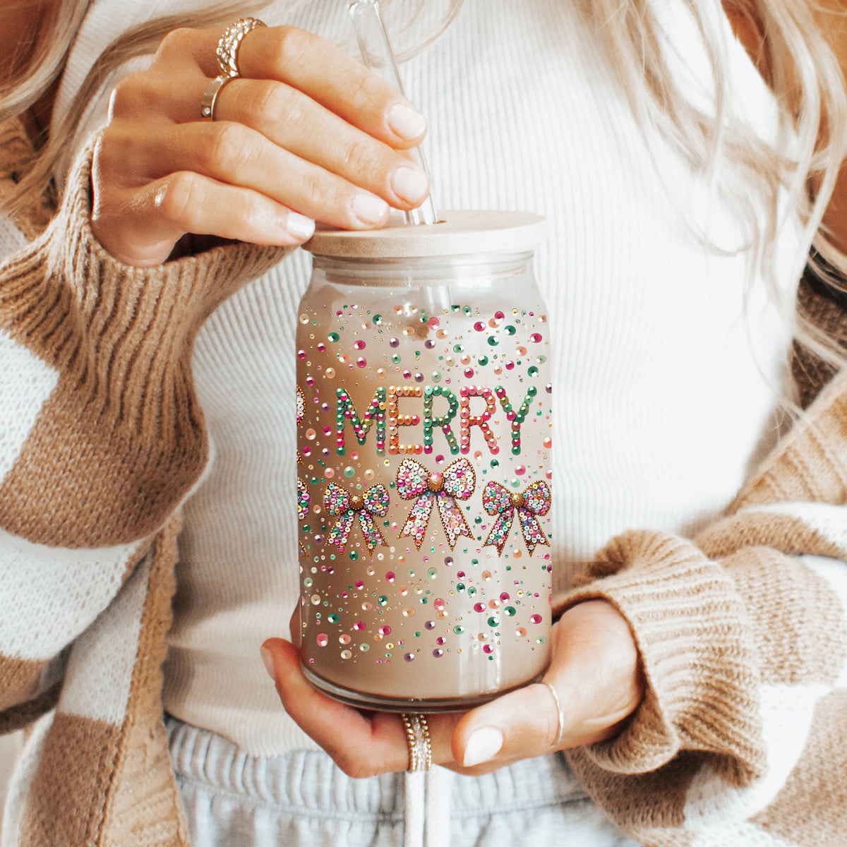 Sequin Merry Glass Tumbler Cup With Bamboo Lid