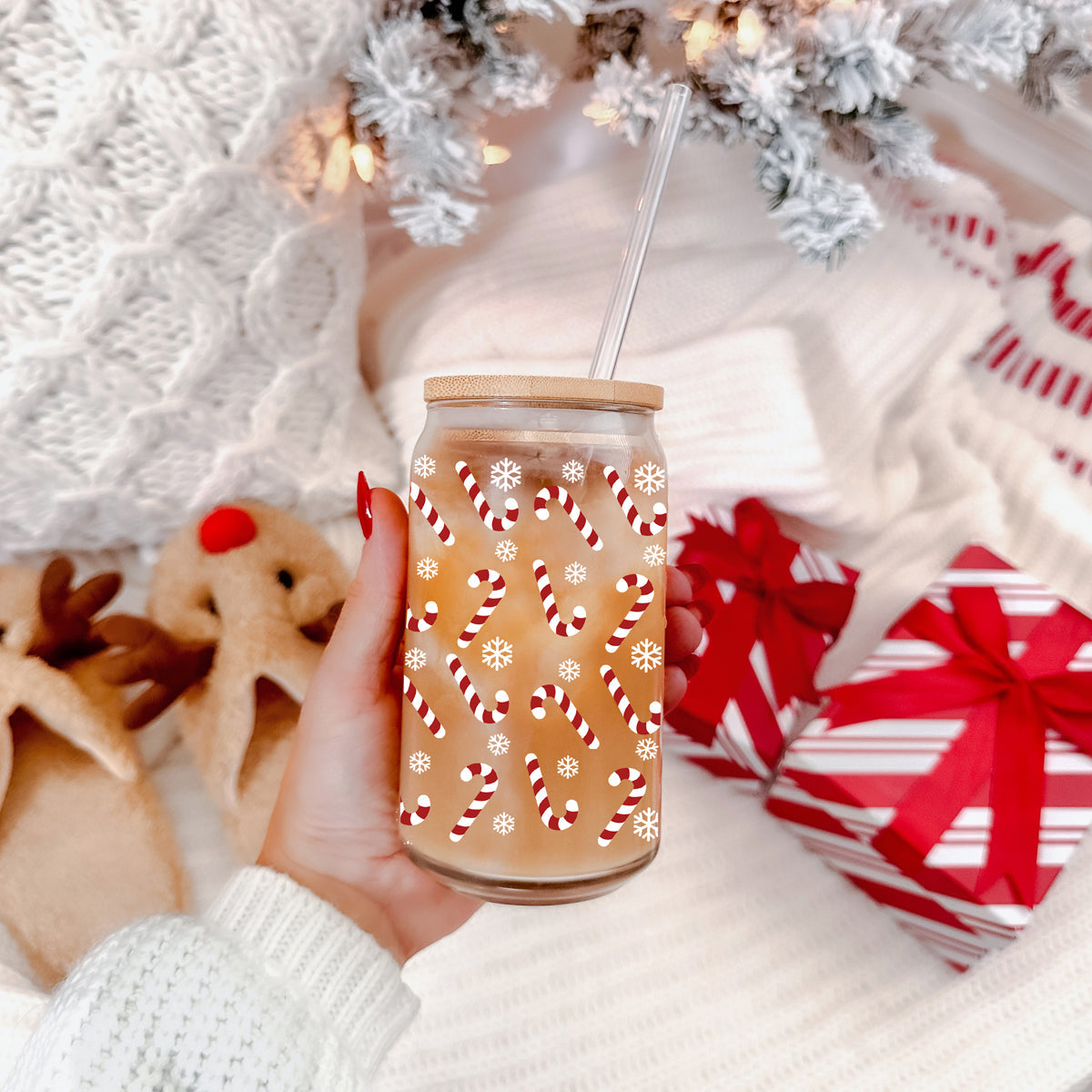 Candy Cane Glass Tumbler Cup With Bamboo Lid