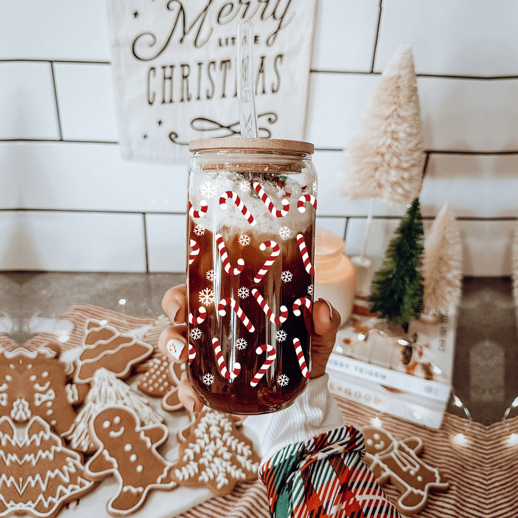 Candy Cane Glass Tumbler Cup With Bamboo Lid