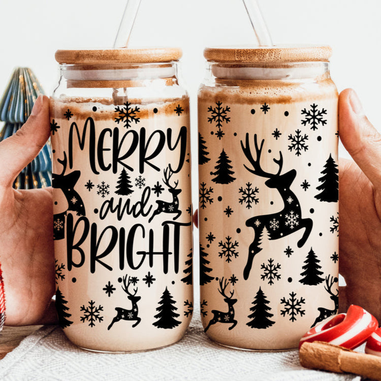 Merry & Bright Glass Tumbler Cup With Bamboo Lid