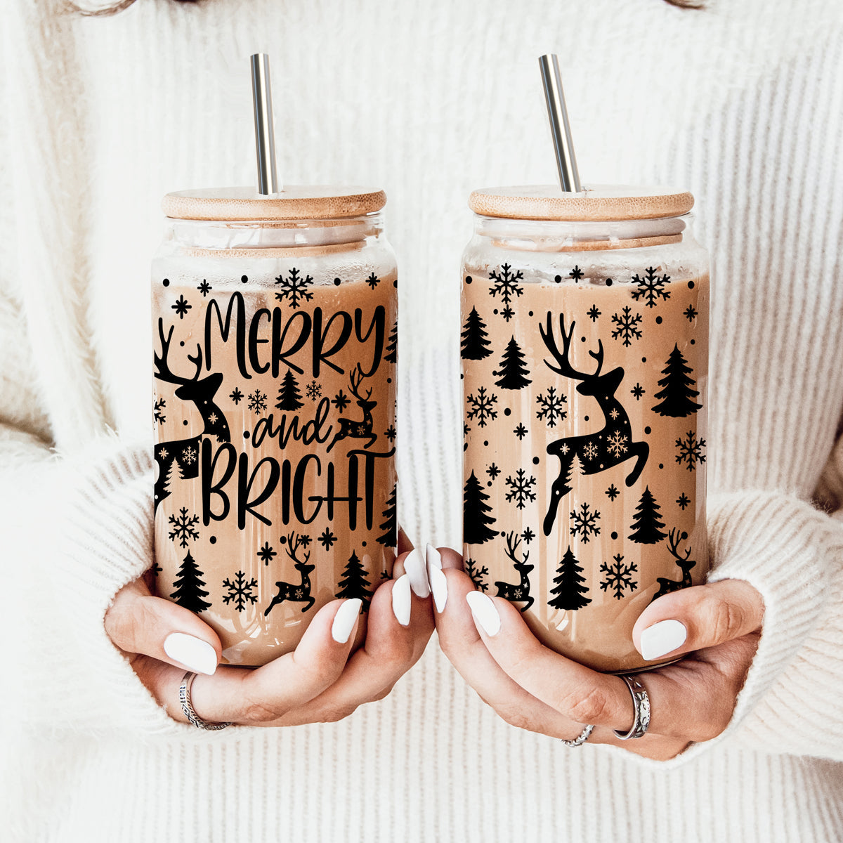 Merry & Bright Glass Tumbler Cup With Bamboo Lid
