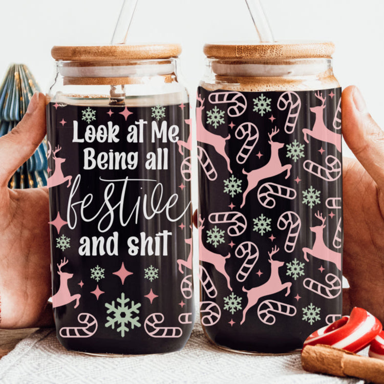 Being Festive Glass Tumbler Cup With Bamboo Lid