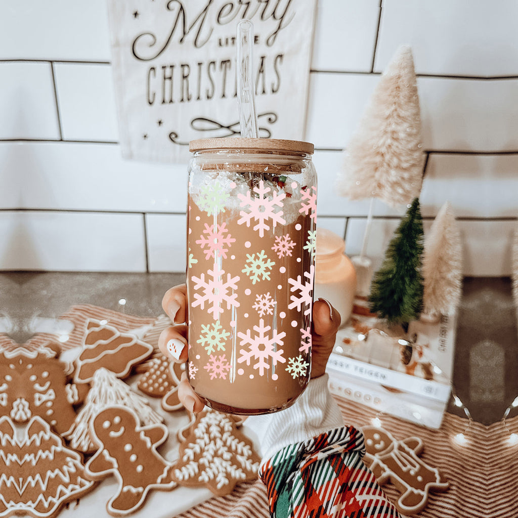 Pastel Snowflakes Glass Tumbler Cup With Bamboo Lid