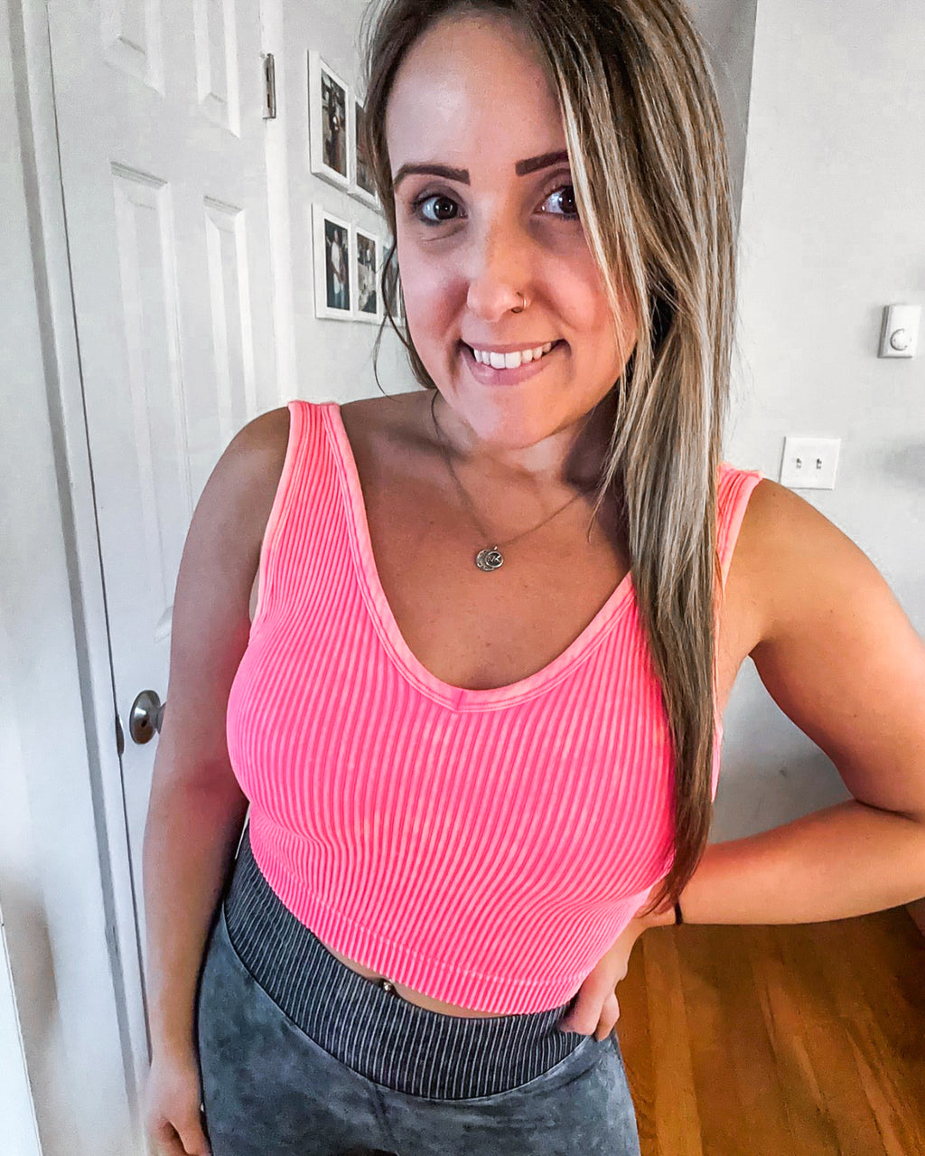 Fuchsia Washed Ribbed Bra Padded Cropped Tank