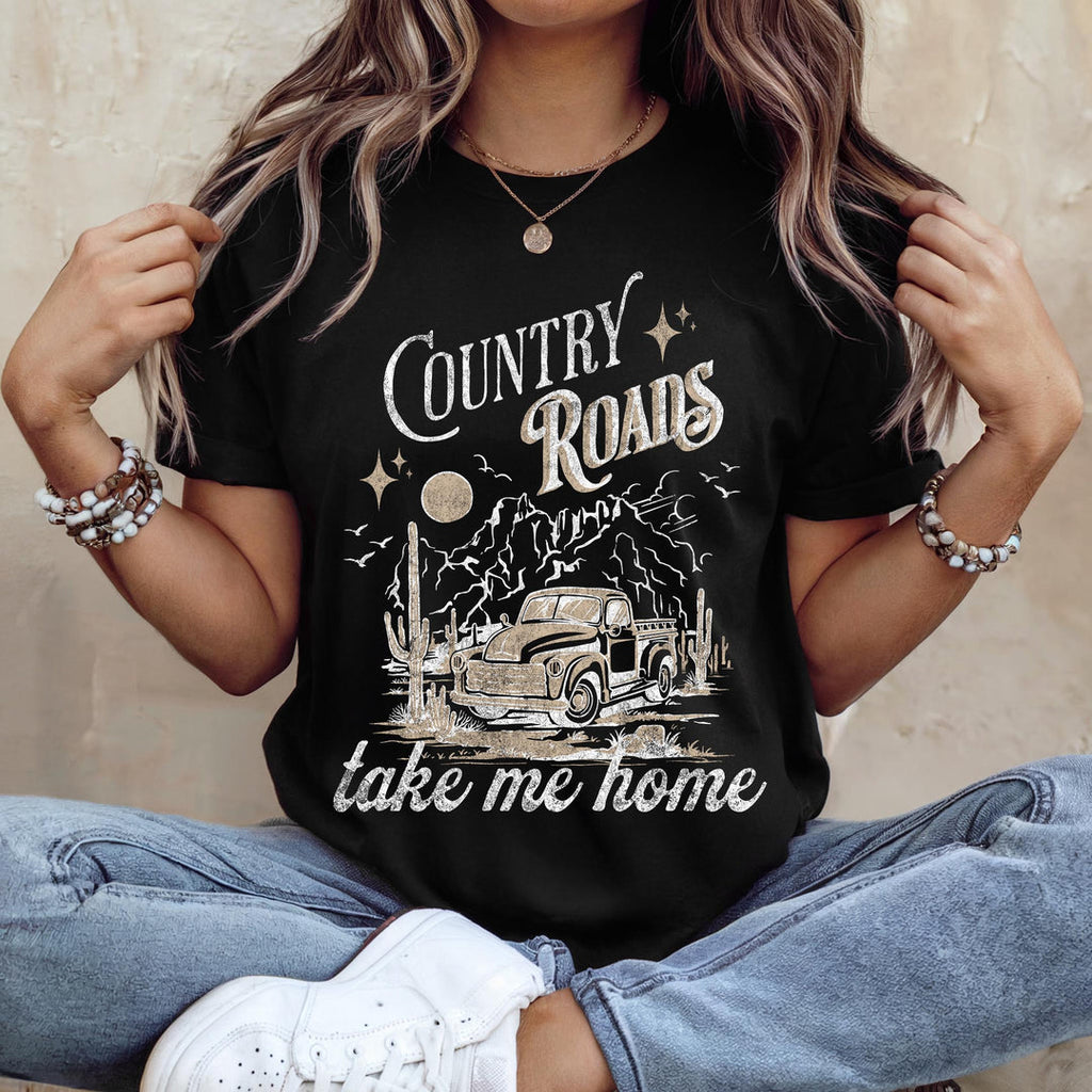 Country Roads Black Unisex Cotton T-Shirt