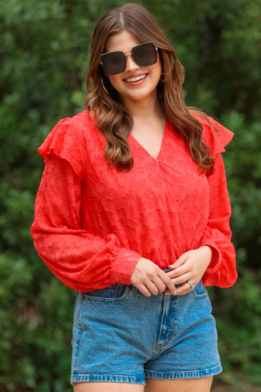Going Places Tomato Ruffle Bodysuit