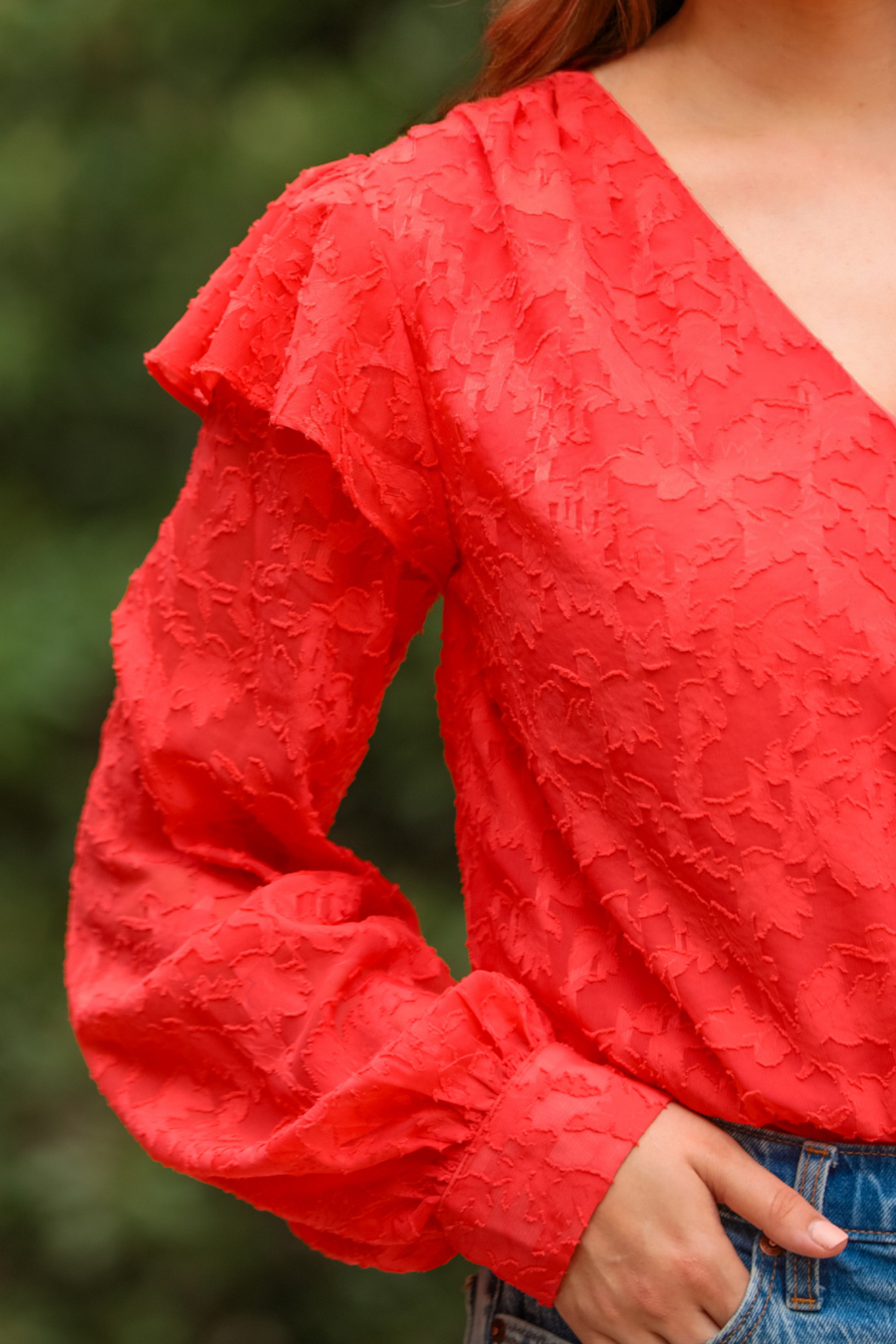 Going Places Tomato Ruffle Bodysuit